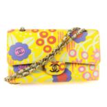 CHANEL - a Floral Classic Double Flap handbag. Designed with a yellow canvas floral patterned