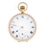 An early 20th century 9ct gold pocket watch. Of circular outline, the white enamel dial, with