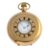 An early 20th century 9ct gold pocket watch. Of circular outline, the white dial, with black Roman