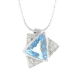 An 18ct gold aquamarine and diamond pendant. Of geometric design, the triangular-shape aquamarine,