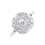 A diamond cluster ring. The brilliant-cut diamond collet, with brilliant and baguette-cut diamond