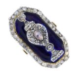 A diamond and enamel ring. The rose-cut diamond urn, atop a rectangular blue enamel panel, with
