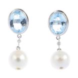 A pair of aquamarine, cultured pearl and diamond earrings. Each designed as a cultured pearl,