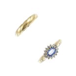 A selection of jewellery. To include a sapphire and diamond cluster ring, a 9ct gold spiral band