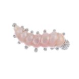 A diamond and agate caterpillar brooch. The pink agate body, with brilliant-cut diamond head and