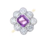 A sapphire and diamond cluster ring. The rectangular-shape pink sapphire, with brilliant-cut diamond
