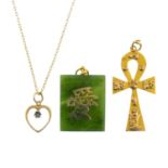 Three pendants. To include a diamond accent heart, suspended from a 9ct gold chain, a nephrite panel