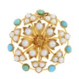 An early 20th century gold split pearl and turquoise brooch. The split pearl floral cluster, with