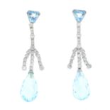 A pair of aquamarine and diamond earrings. Each designed as an aquamarine briolette, suspended