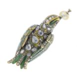 A diamond, pearl and enamel parrot brooch. The rose-cut diamond and green enamel parrot, with