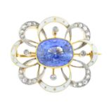 An early 20th century gold Sri Lankan sapphire, diamond and enamel brooch. Of openwork design, the