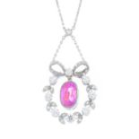 A sapphire and diamond necklace. The oval-shape pink sapphire collet, suspended within an old and