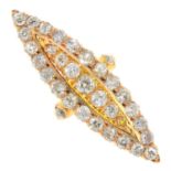 A diamond dress ring. Of marquise-shape outline, the graduated old-cut diamond line, with