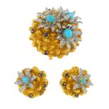 A mid 20th century set of diamond and gem-set jewellery. The brooch designed as a coral reef, with