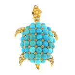 A diamond and gem-set brooch. Designed as a turtle, the pave-set turquoise and rose-cut diamond