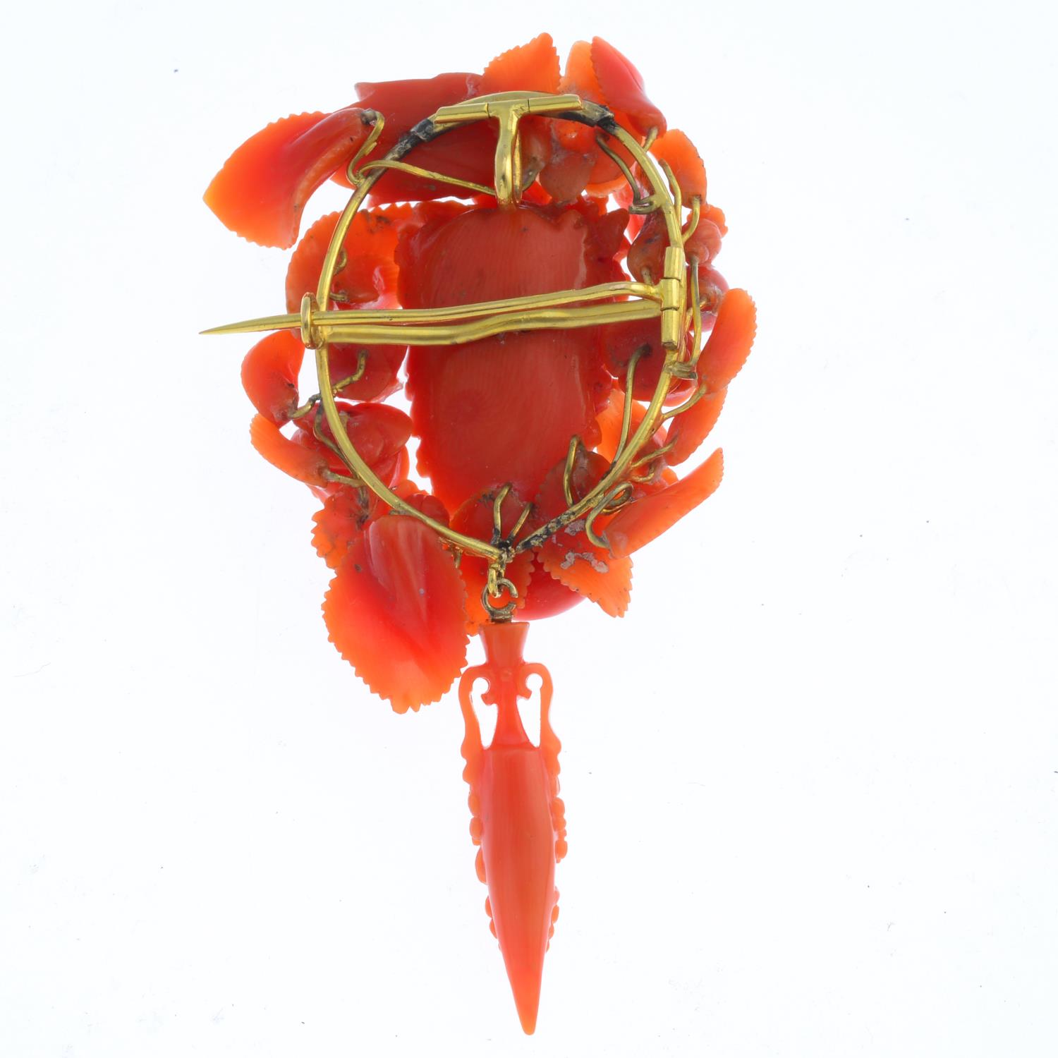 A mid 19th century coral brooch. Carved to depict a bacchante, with floral and foliate surrounds, - Image 2 of 2