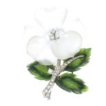 A mid 20th century rock crystal, nephrite jade and diamond floral brooch. The brilliant-cut