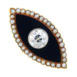 A diamond, onyx and split pearl ring. The old-cut diamond, inset to the marquise-shape onyx panel,