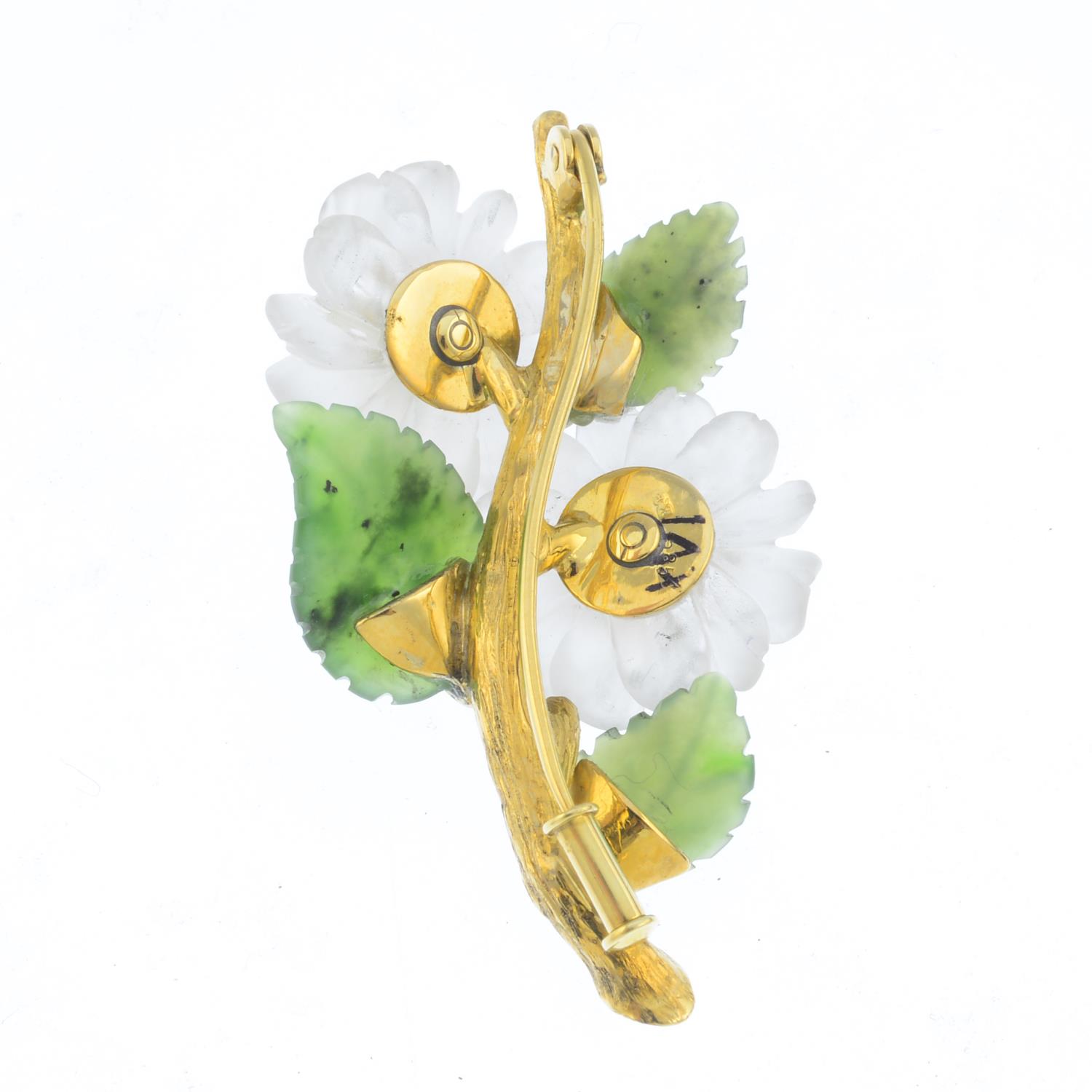 An emerald, chalcedony and nephrite jade floral brooch. The circular-shape emerald and chalcedony - Image 2 of 2