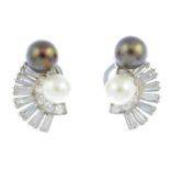 A pair of cultured pearl and diamond earrings. Each designed as two slightly graduated vari-hue