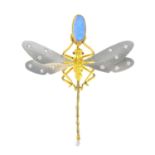 An 18ct gold opal and diamond brooch. Of bi-colour design, the scattered brilliant-cut diamond