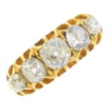 A Late Victorian 18ct gold diamond five-stone ring. The graduated old-cut diamond line, within an
