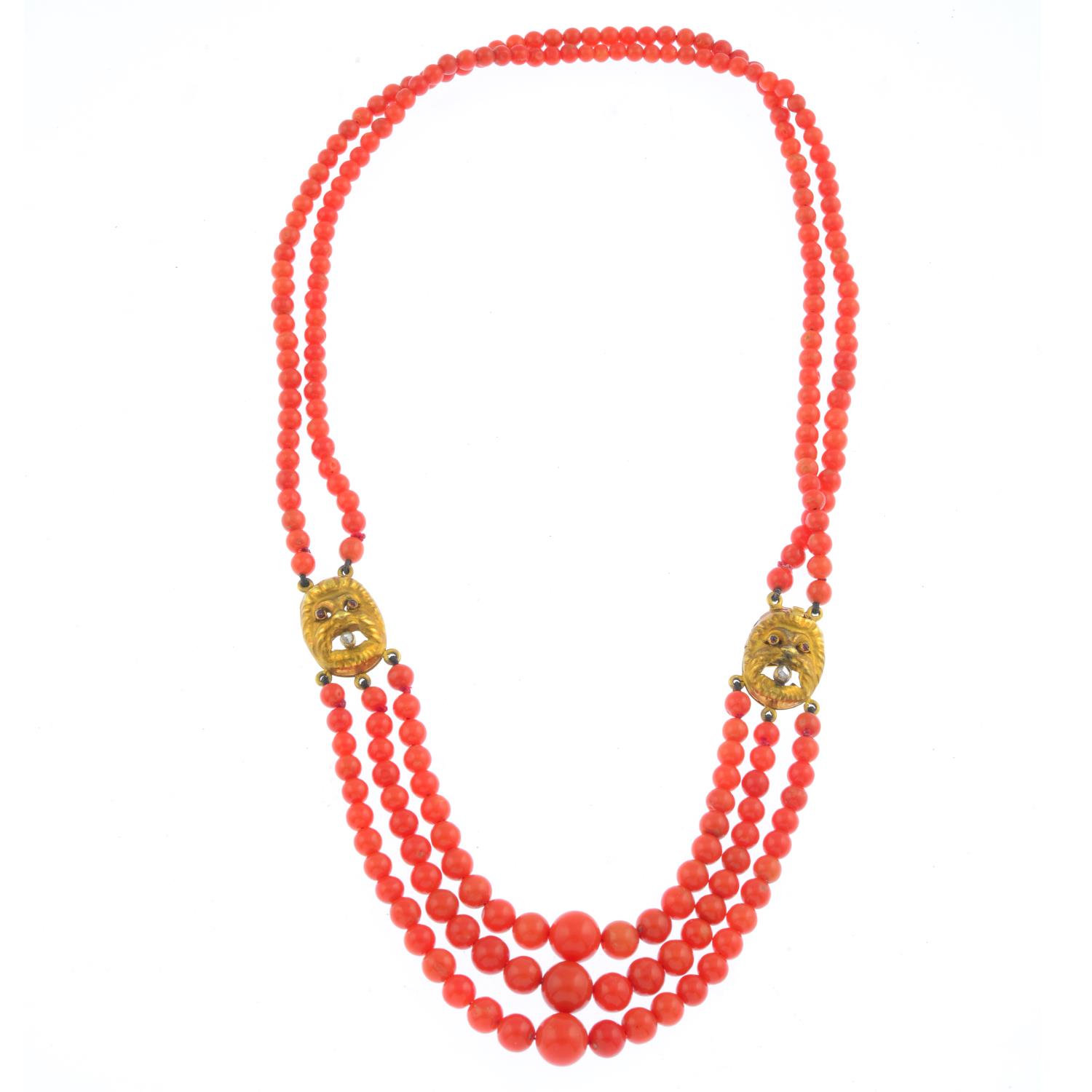 A coral, ruby and diamond necklace. The three graduated coral bead strands, to rose-cut diamond - Image 2 of 3
