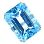 An aquamarine and diamond ring. The rectangular-shape aquamarine, with openwork gallery and