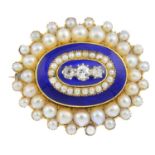 A late Victorian gold diamond, enamel and split pearl brooch. Of oval outline, the graduated old-cut