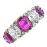 A late Victorian 18ct gold Burmese ruby and diamond five-stone ring. The alternate graduated