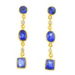 A pair of 18ct gold Sri Lankan sapphire and diamond earrings. Each designed as vari-shape sapphire