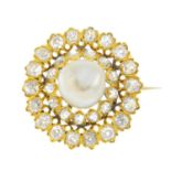 A late Victorian gold pearl and diamond brooch. Of openwork design, the pearl, with old-cut