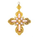A mid Victorian gold topaz cross pendant. The vari-hue and vari-shape topaz cross, with cannetille