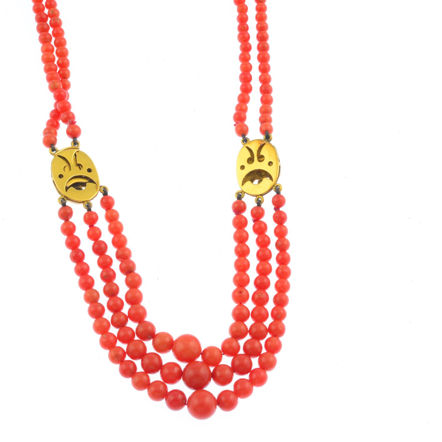 A coral, ruby and diamond necklace. The three graduated coral bead strands, to rose-cut diamond - Image 3 of 3