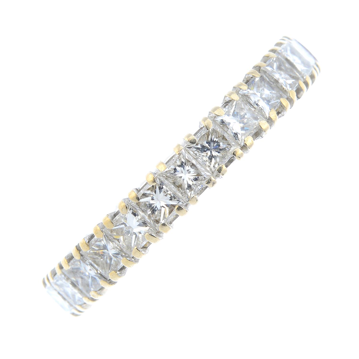 A diamond full eternity ring. Designed as a square-shape diamond line. Estimated total diamond