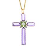 An amethyst and gem-set pendant. The fancy-shape amethyst cross, with central split pearl, demantoid