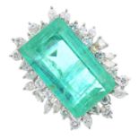 An emerald and diamond cluster ring. The rectangular-shape emerald, with marquise and brilliant-
