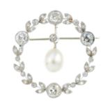 An Edwardian platinum diamond and natural pearl brooch. The drop-shape pearl and old-cut diamond