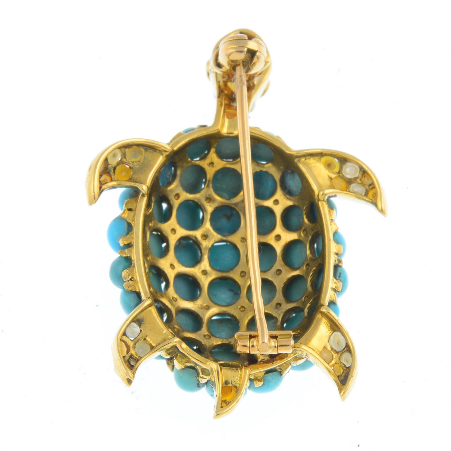 A diamond and gem-set brooch. Designed as a turtle, the pave-set turquoise and rose-cut diamond - Image 2 of 2