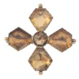 A late Georgian smokey quartz brooch. Designed as a Maltese cross, set with foil-back smokey