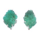 MAPPIN & WEBB - a pair of 18ct gold emerald earrings. Each designed as a floral and foliate carved