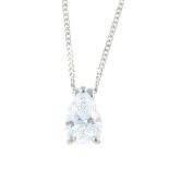 A diamond single-stone pendant. Designed as a pear-shape diamond, weighing 0.40ct, suspended from