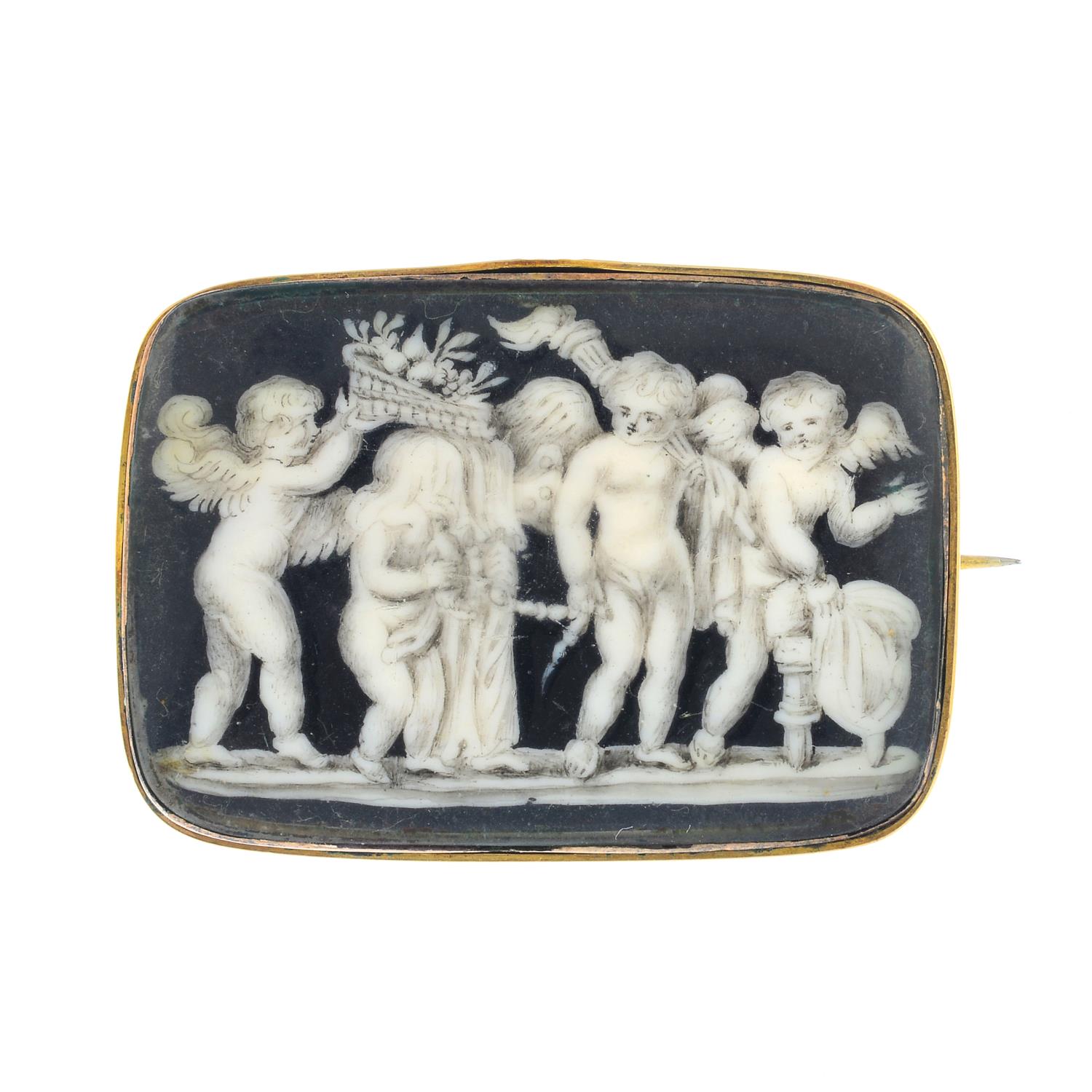 A late Georgian 15ct gold brooch. Painted to depict the Marriage of Cupid and Psyche, as putti.