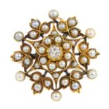 An early 20th century gold diamond and split pearl brooch. The old-cut diamond and split pearl