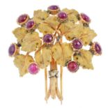 BUCCELLATI (adapted) - a mid 20th century ruby brooch. Designed as a tri-colour floral bouquet,