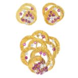 KUTCHINSKY - a set of mid 20th century 18ct gold ruby and diamond jewellery. Of openwork design, the