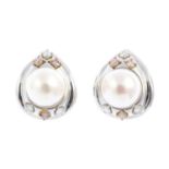 A pair of 18ct gold cultured pearl, diamond and coloured diamond earrings. Each designed as a