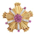 TIFFANY & CO. - a 14ct gold ruby and diamond brooch. The ruby cluster, with ruby terminal diamond