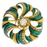 A diamond and enamel brooch. Designed as an old and rose-cut diamond floral cluster, with rose-cut