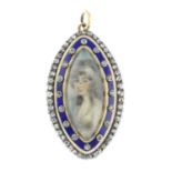 A late Georgian silver and gold portrait miniature diamond and enamel pendant. Of marquise-